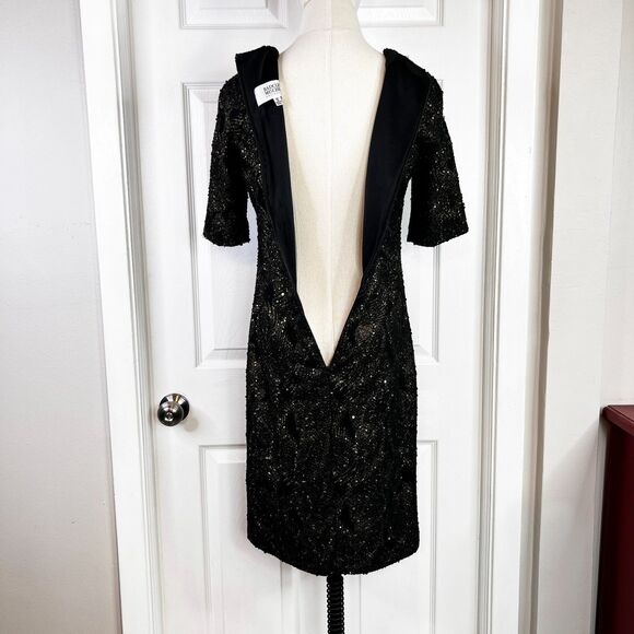 Badgley Mischka | Black and Gold Sequin Formal | Mesh | Cocktail Dress | Sz 12 - Picture 3 of 7